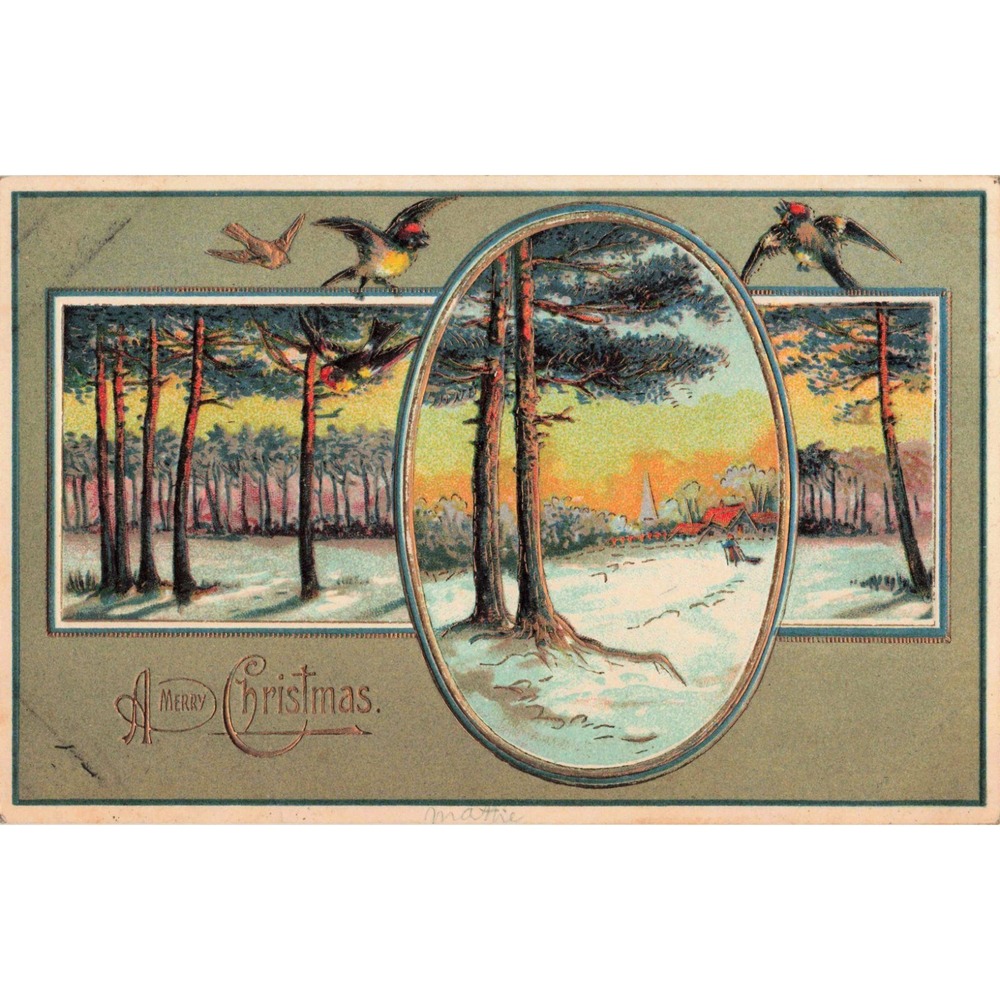 Antique Merry Christmas Postcard Embossed Winter Forest Birds Germany VG - Picture 1 of 2